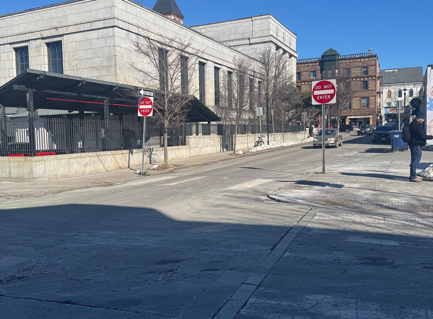 City street under clear blue sky