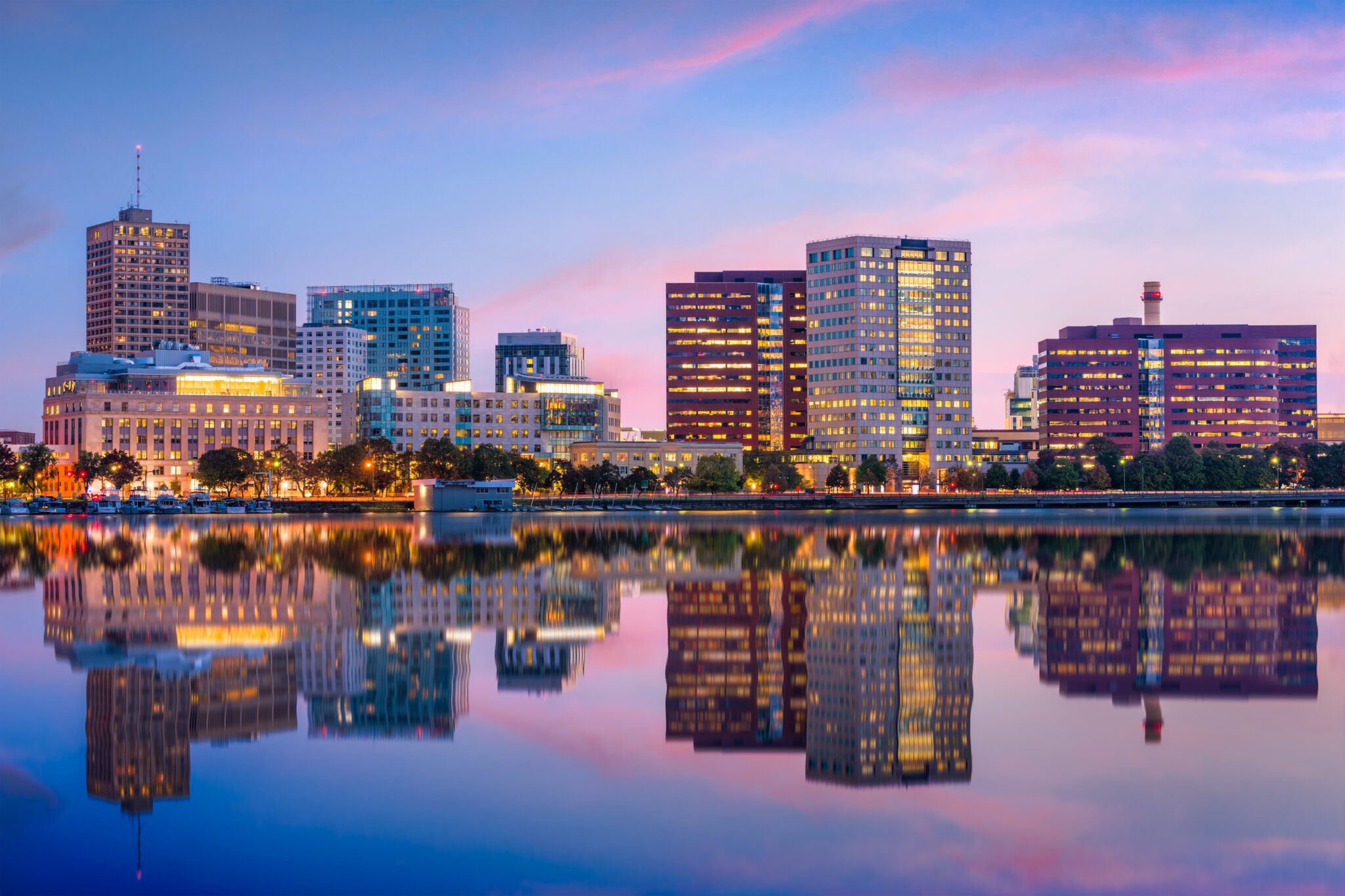 Cambridge, Massachusetts, USA skyline at twilight.