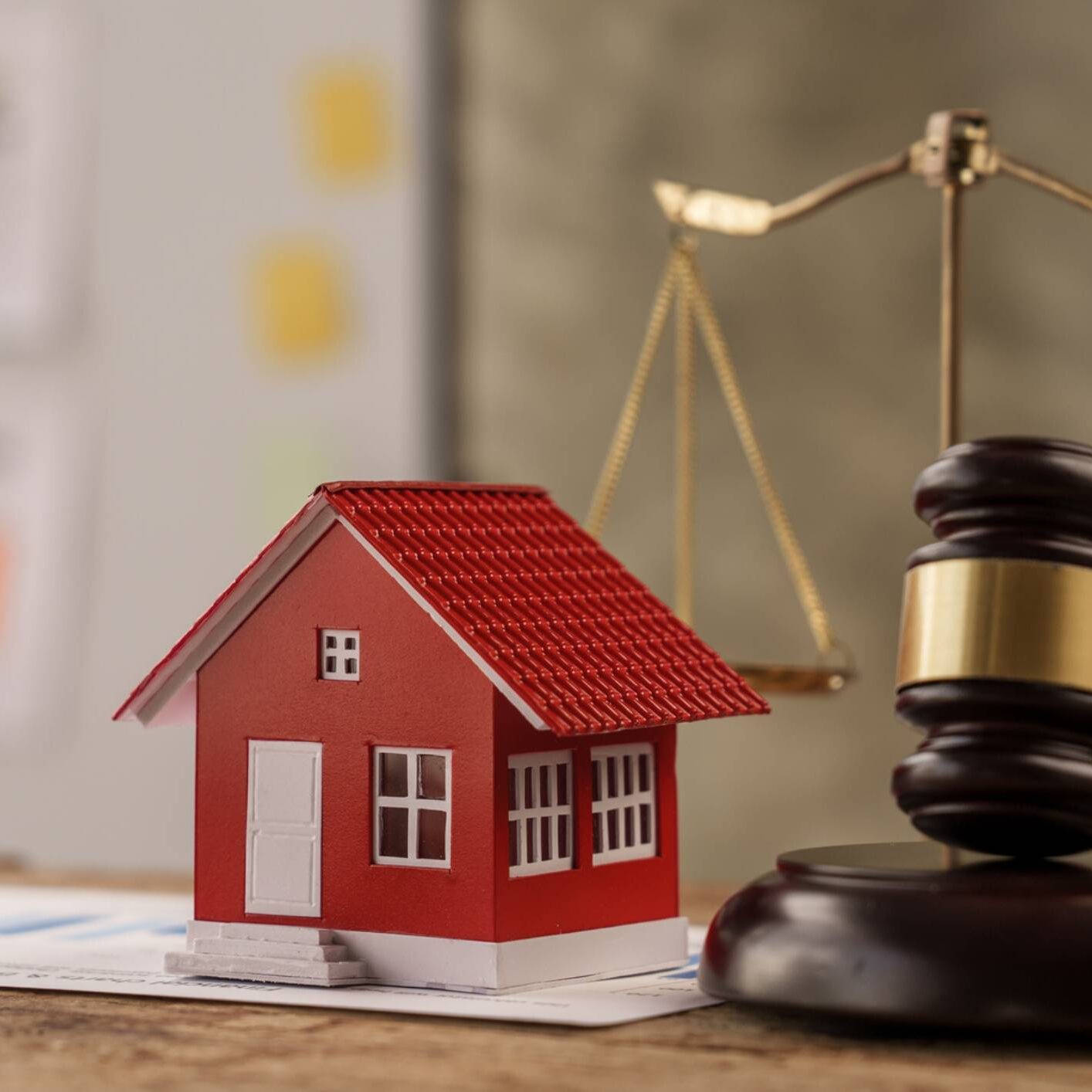 Small house beside gavel and balance scales
